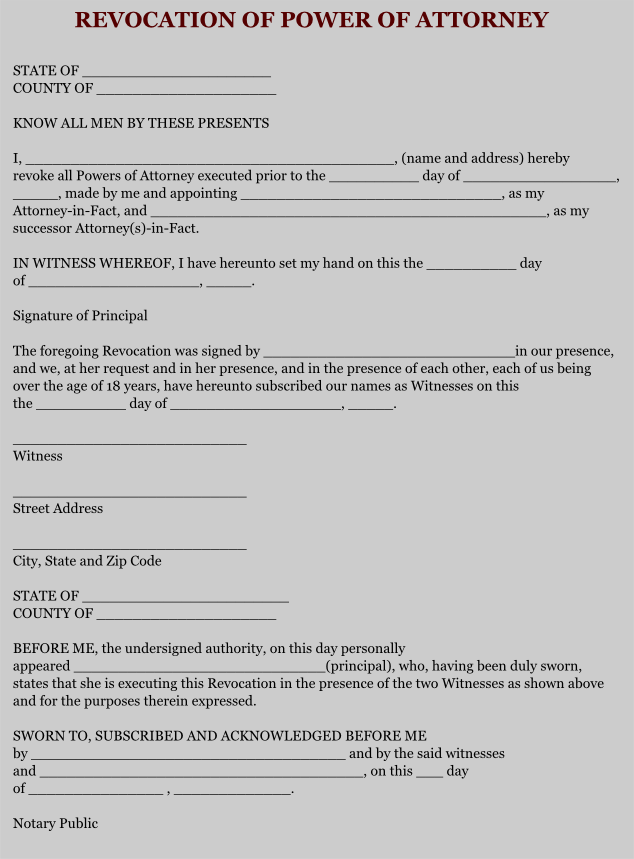 Free Revocation of Power of Attorney Form